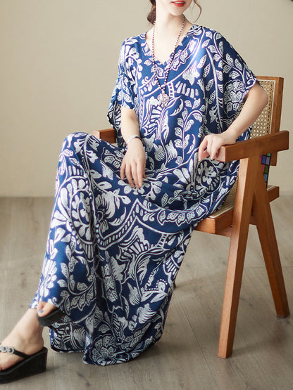 xakxx Loose Short Sleeves Printed V-Neck Maxi Dresses