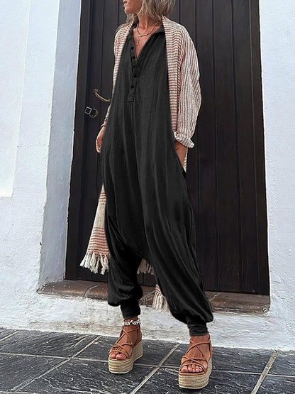 xakxx Hooded Long Sleeves Buttoned Solid Color Hooded Jumpsuits