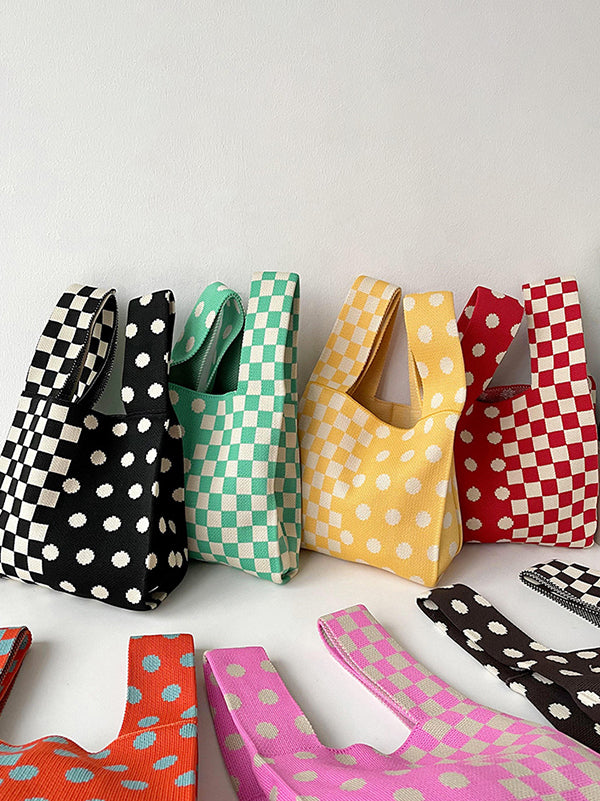 xakxx Contrast Color Plaid Polka-Dot Woven Handbag