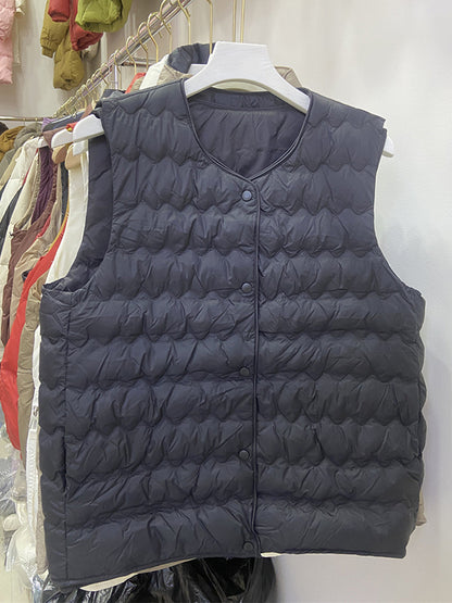 xakxx Loose Sleeveless Buttoned Quilted Solid Color Round-Neck Padded Vest