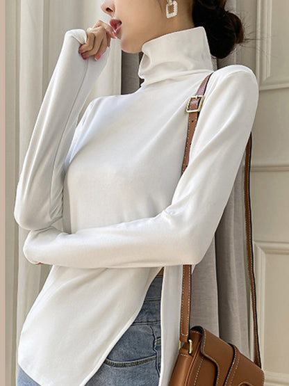 xakxx Casual Skinny Long Sleeves Split-Side Solid Color High-Neck T-Shirts Tops