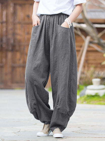 xakxx 7 Colors Casual Wide Leg High Waisted Solid Color Linen Pants