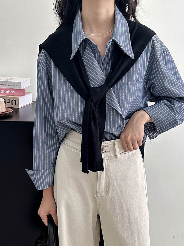 xakxx Long Sleeves Loose Asymmetric Split-Joint Striped Lapel Blouses