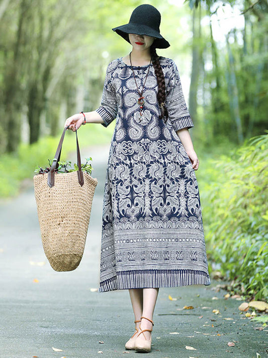 xakxx Vintage Cotton Blend Printing Midi Dresses