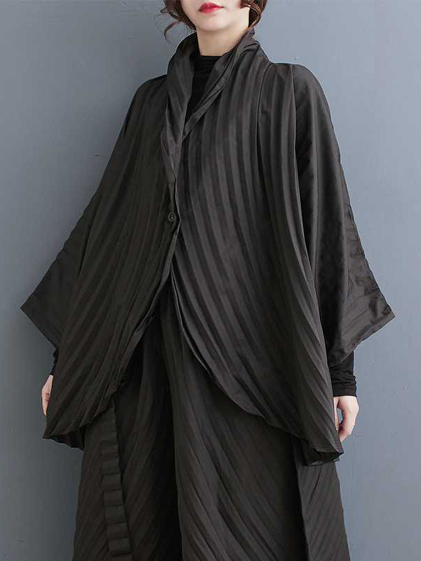 xakxx Long Sleeves Loose Buttoned Pleated Solid Color Stand Collar Shirts Top + Pants Bottom Two Pieces Set