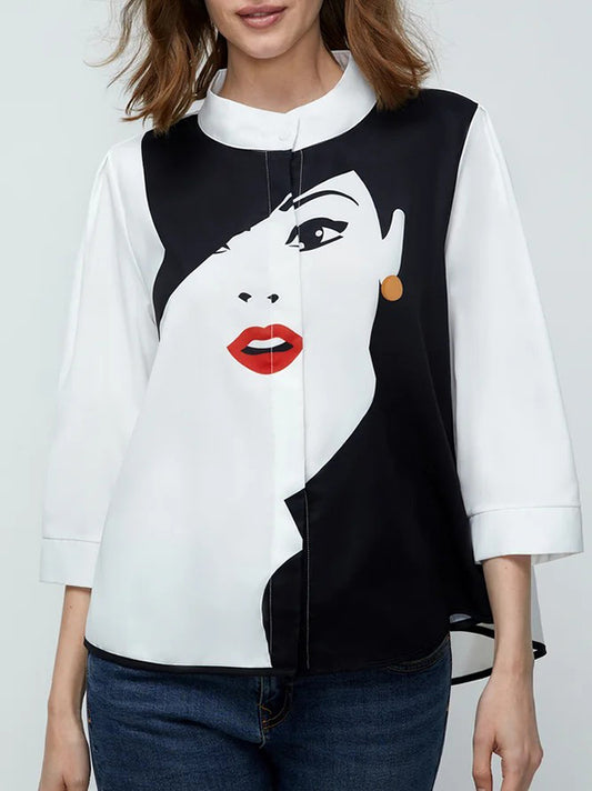 xakxx Casual Three-Quarter Sleeves Figure Buttoned Printed Stand Collar Blouses&Shirts Tops