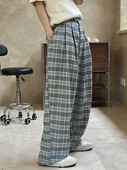 xakxx Vintage Wide Leg High-Waisted Pleated Plaid Pants