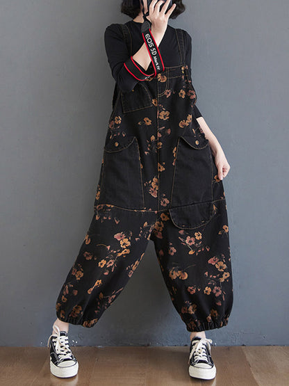 xakxx Original Floral With Pocket Harem Denim Overalls
