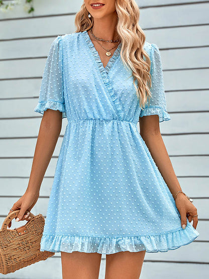 xakxx A-Line Loose Jacquard Ruffled Solid Color V-Neck Mini Dresses