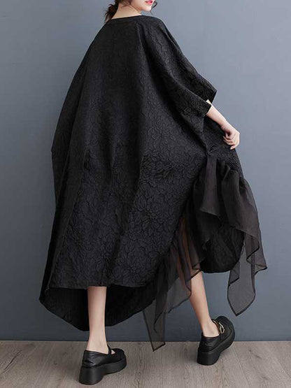 xakxx Batwing Sleeves Loose Asymmetric Flower Shape Gauze Jacquard Pleated Solid Color Split-Joint Round-Neck Midi Dresses
