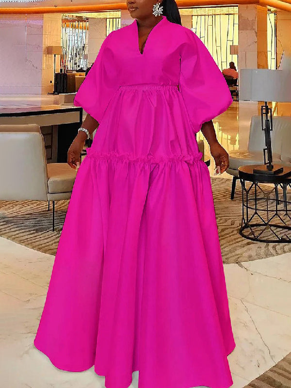 xakxx High Waisted Puff Sleeves Falbala Solid Color V-Neck Maxi Dresses
