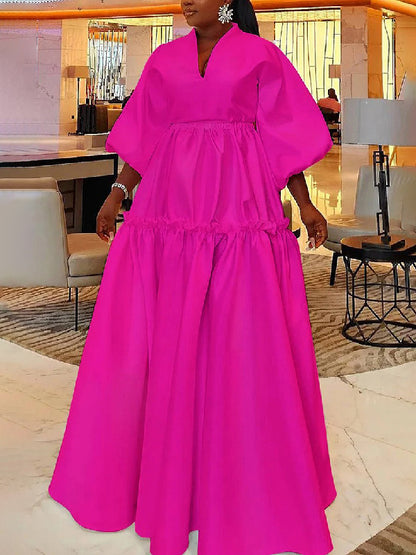 xakxx High Waisted Puff Sleeves Falbala Solid Color V-Neck Maxi Dresses