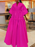 xakxx High Waisted Puff Sleeves Falbala Solid Color V-Neck Maxi Dresses