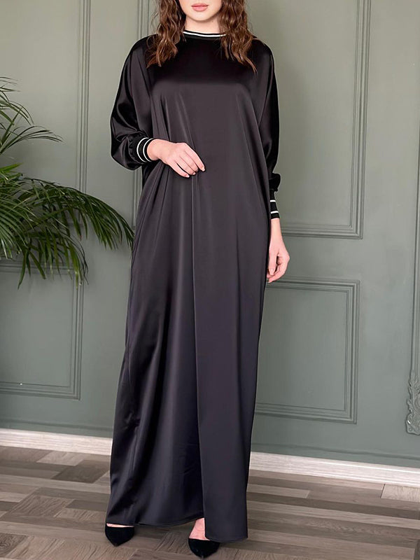 xakxx Loose Solid Color Buttoned Raglan Sleeve Round-Neck Maxi Dresses