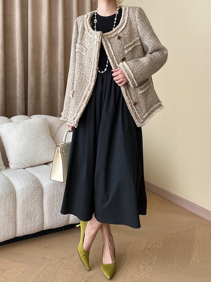 xakxx A-Line Long Sleeves Elasticity Hollow Solid Color Split-Joint Round-Neck Midi Dresses