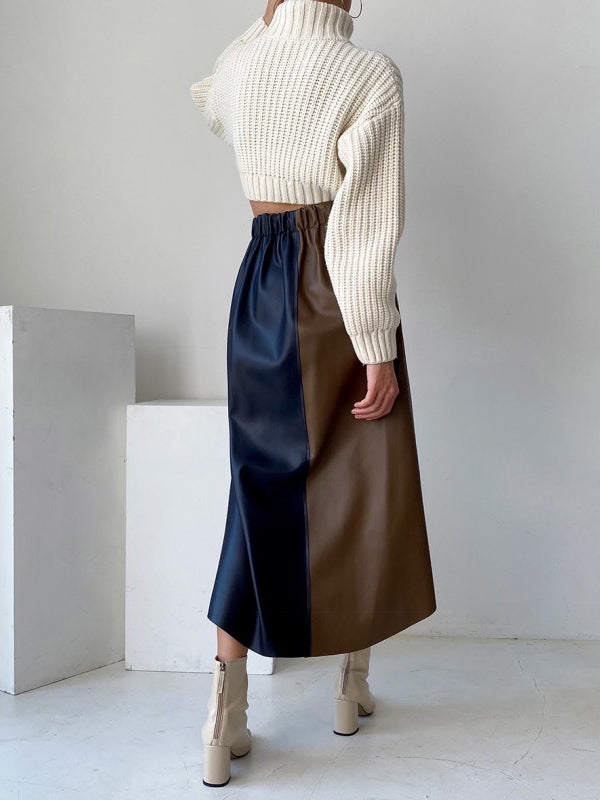 xakxx A-Line High Waisted Asymmetric Contrast Color Split-Front Skirts Bottoms