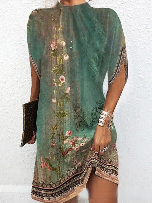 xakxx Batwing Sleeves Loose Flower Print Round-Neck Mini Dresses