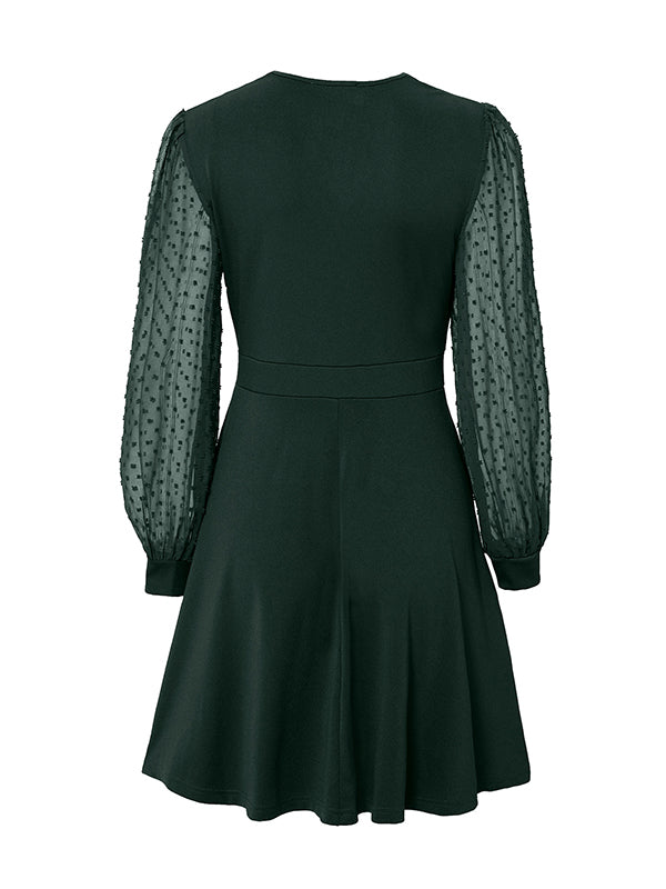 xakxx A-Line Long Sleeves Gauze Pleated Split-Joint V-Neck Midi Dresses