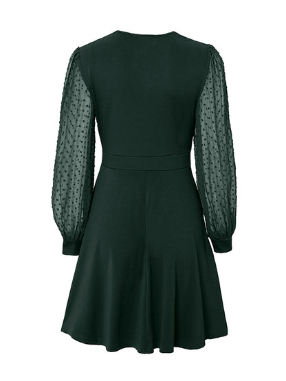 xakxx A-Line Long Sleeves Gauze Pleated Split-Joint V-Neck Midi Dresses
