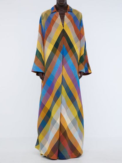 xakxx Long Sleeves Loose Contrast Color Split-Side V-Neck Maxi Dresses