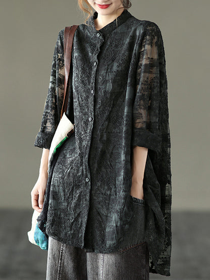 xakxx Vintage Loose Embroidered Lace Hollow Blouse
