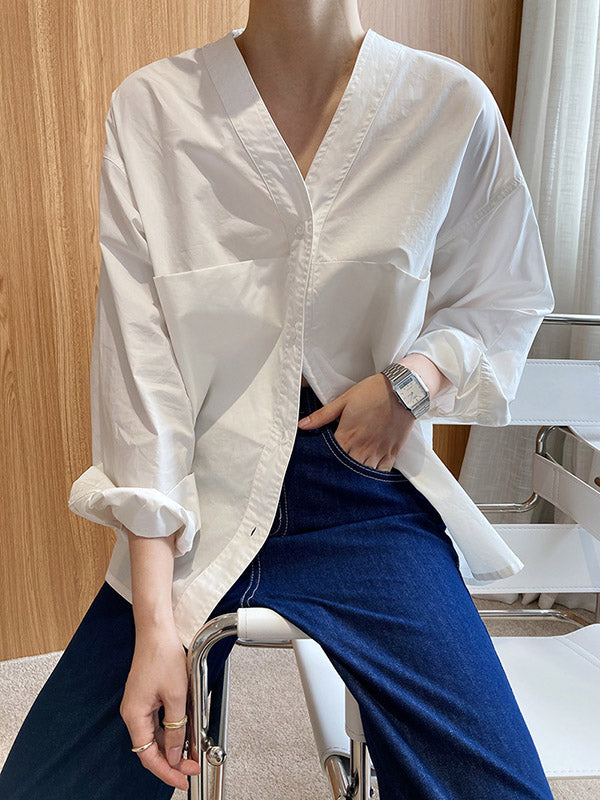 xakxx Loose Simple V-Neck Pocket Blouses