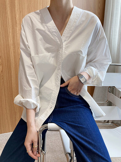 xakxx Loose Simple V-Neck Pocket Blouses