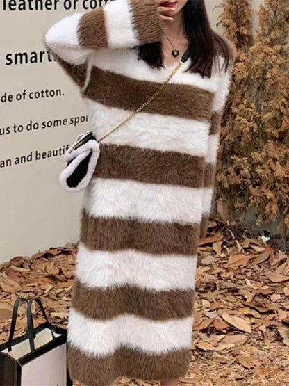 xakxx Long Sleeves Loose Striped V-Neck Knit Dresses Midi Dresses