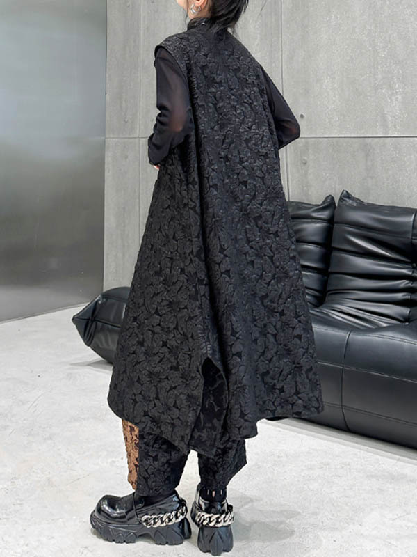 xakxx A-Line High-Low Asymmetric Contrast Color Jacquard Vest Top + Elasticity Pants Bottom Two Pieces Set