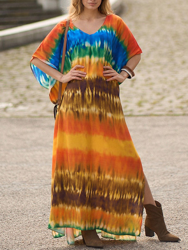 xakxx Batwing Sleeves Loose Split-Side Tie-Dyed V-Neck Beach Cover-Up Maxi Dresses
