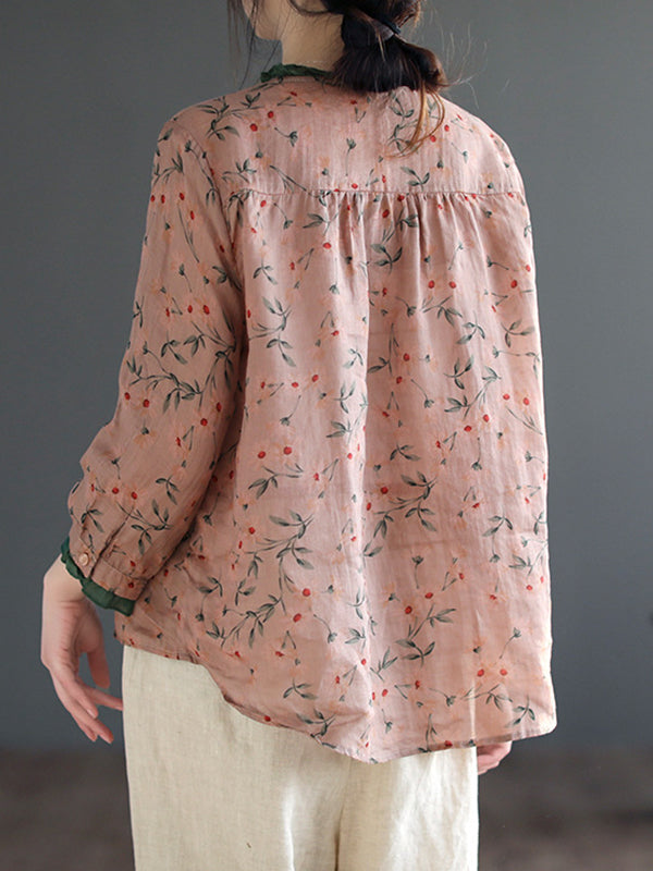 xakxx Long Sleeves Loose Floral Printed Lace-Up Round-Neck Blouses&Shirts Tops