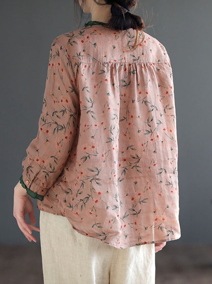 xakxx Long Sleeves Loose Floral Printed Lace-Up Round-Neck Blouses&Shirts Tops