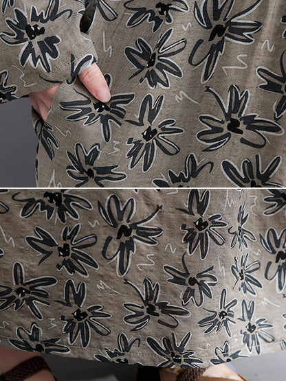xakxx Artistic Retro Long Sleeves Loose Floral Printed Round-Neck Midi Dresses