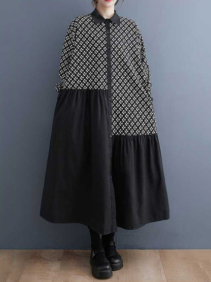 xakxx A-Line Long Sleeves Asymmetric Buttoned Pleated Printed Split-Joint Lapel Midi Dresses