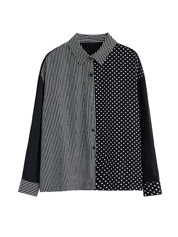 xakxx Loose Oversize Striped Polka-Dot Split-Joint Blouse Top A-Line Skirt Bottom Two Pieces Set