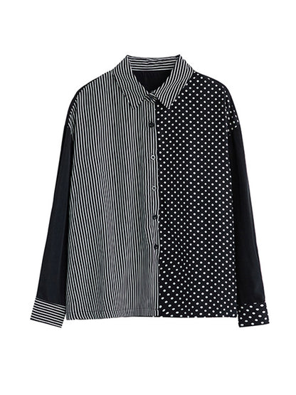 xakxx Loose Oversize Striped Polka-Dot Split-Joint Blouse Top A-Line Skirt Bottom Two Pieces Set