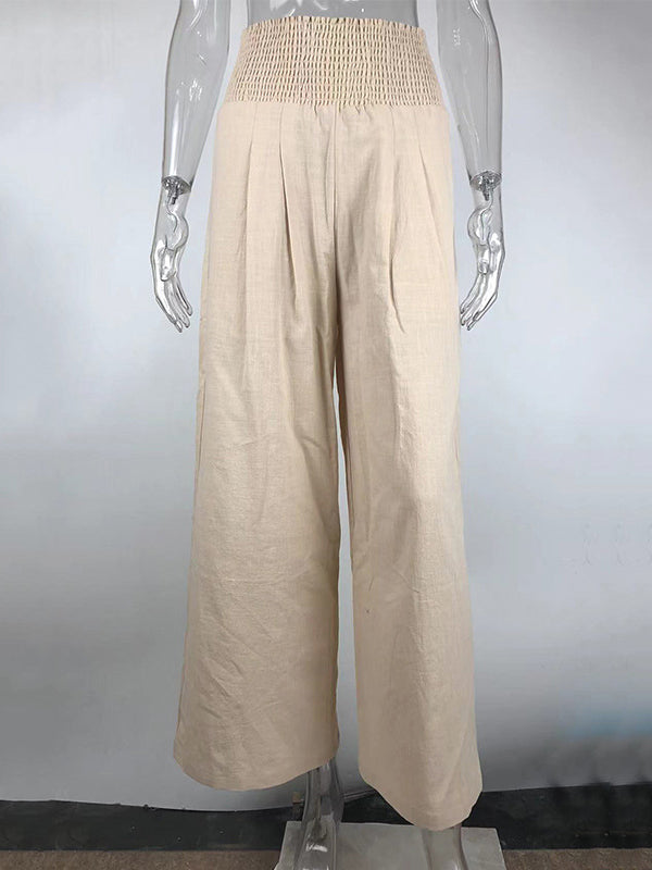 xakxx Simple Casual Solid Color Ramie Cotton Wide Legs Pants
