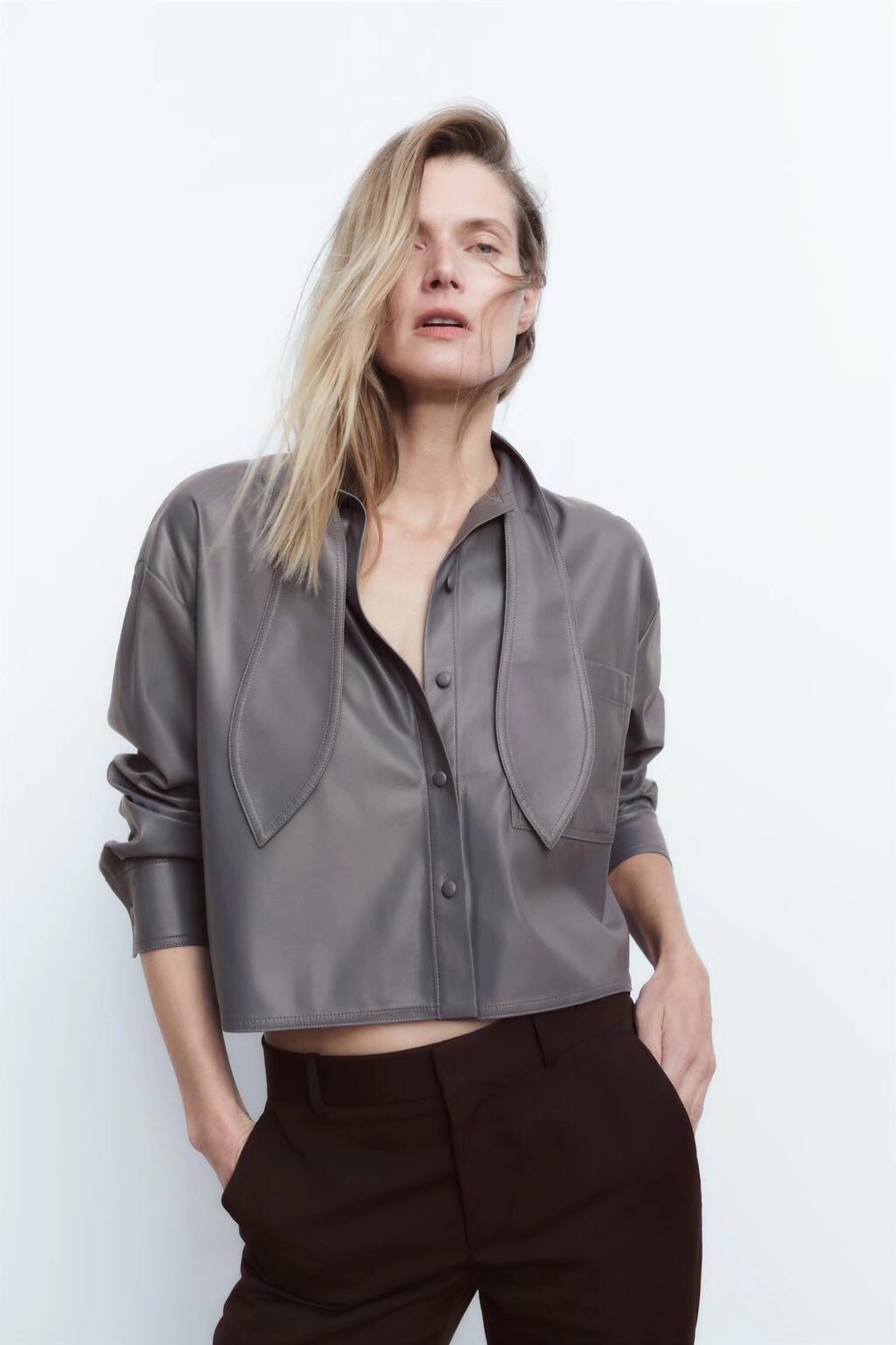 xakxx Spring Autumn New Elegant Solid Jacket Bow Tie Women Long Sleeve Jacket PU Fashion Lady Office Coat Tops