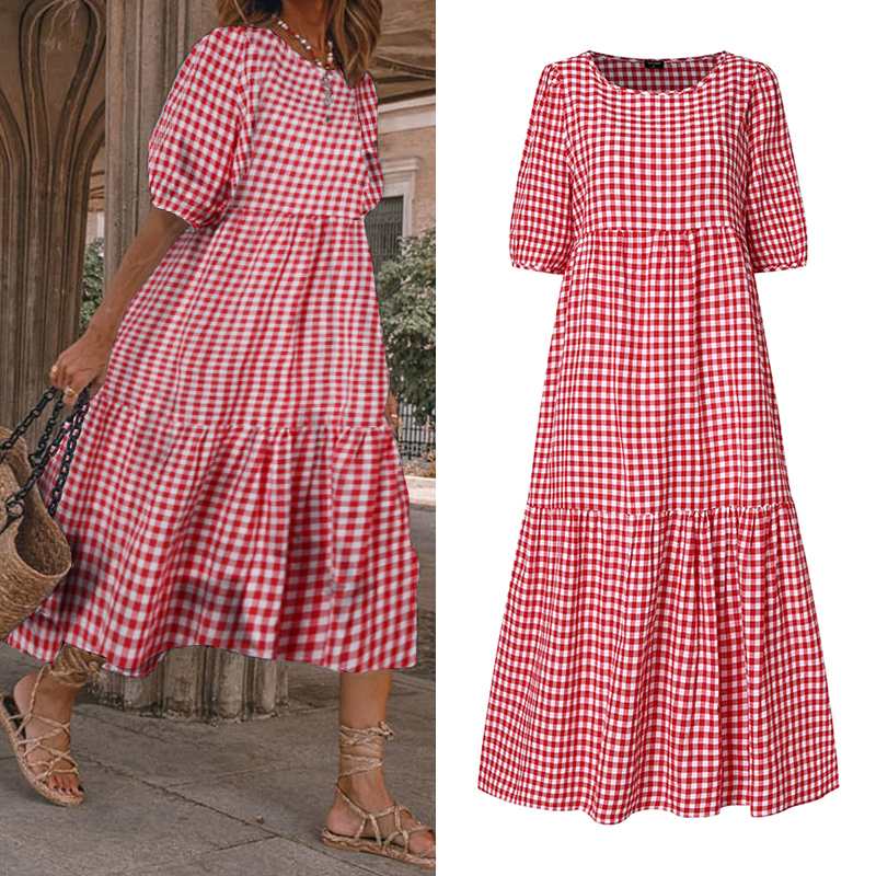 xakxx Summer Dress  Women Casual Short Sleeve Plaid Printed Sundress Loose Pleated Mid-Calf Dresses Femme Party Robe