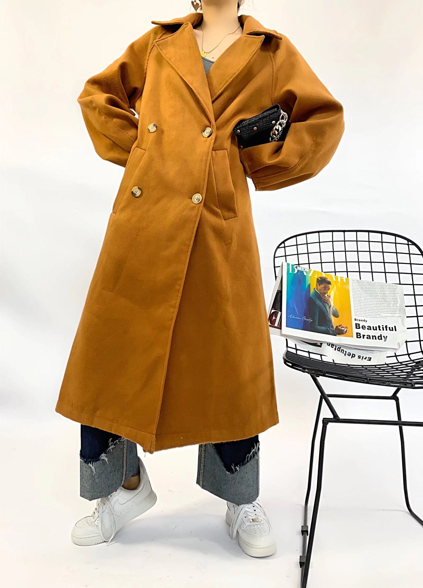 xakxx Women  Autumn New Caramel Colour Long Section Jacket Overcoat Vintage Long Sleeve Double Breasted Female Outerwear Chic Tops