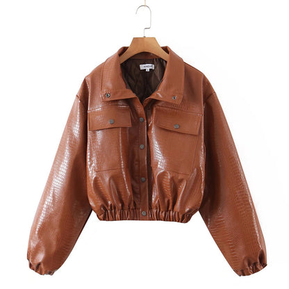 xakxx Autumn Spring Solid Casual Jacket Women Female Chic Long Sleeve PU Leather Jacket With Quilted Lining Cropped Coat Outwear