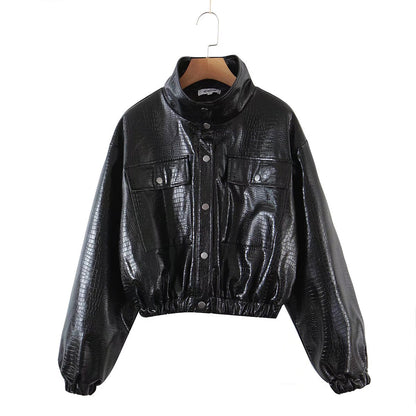 xakxx Autumn Spring Solid Casual Jacket Women Female Chic Long Sleeve PU Leather Jacket With Quilted Lining Cropped Coat Outwear