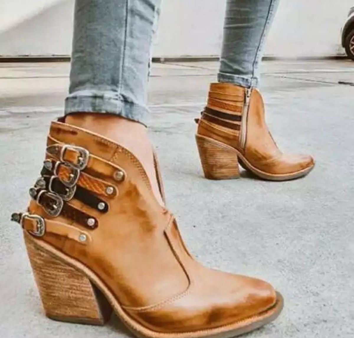 xakxx  Women Vintage Rivet Ankle Boots Pu Leather Shoes Autumn Winter Side Zipper Shoe Female Mid Heels Pointed Booties Chaussures