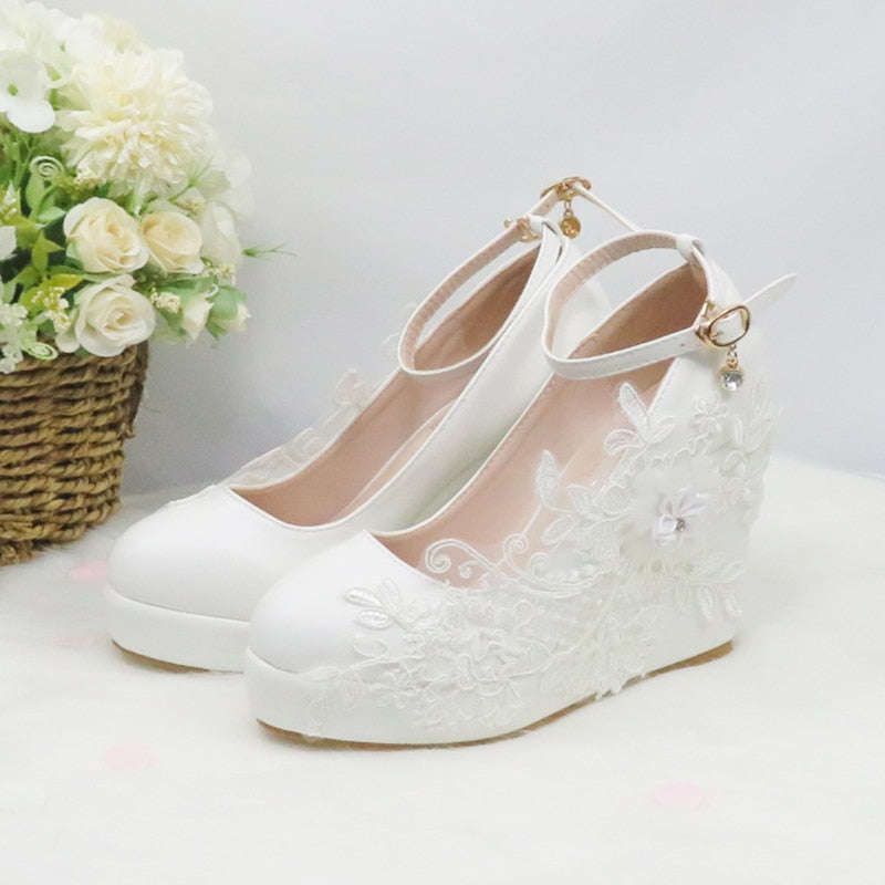 xakxx  White Flower Pumps New arrival womens wedding shoes Bride High heels platform shoes for woman ladies party dress shoes
