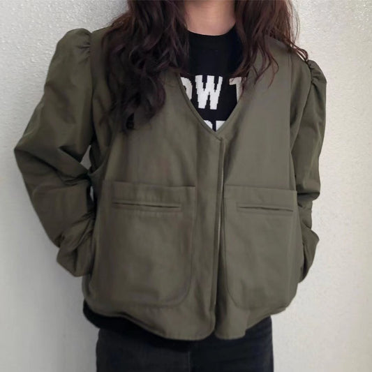 xakxx Autumn Fashion Jackets High Quality Women Vintage Prints Front Zip Long Sleeve Casual Loose Tops Coat Ladies Green Jacket