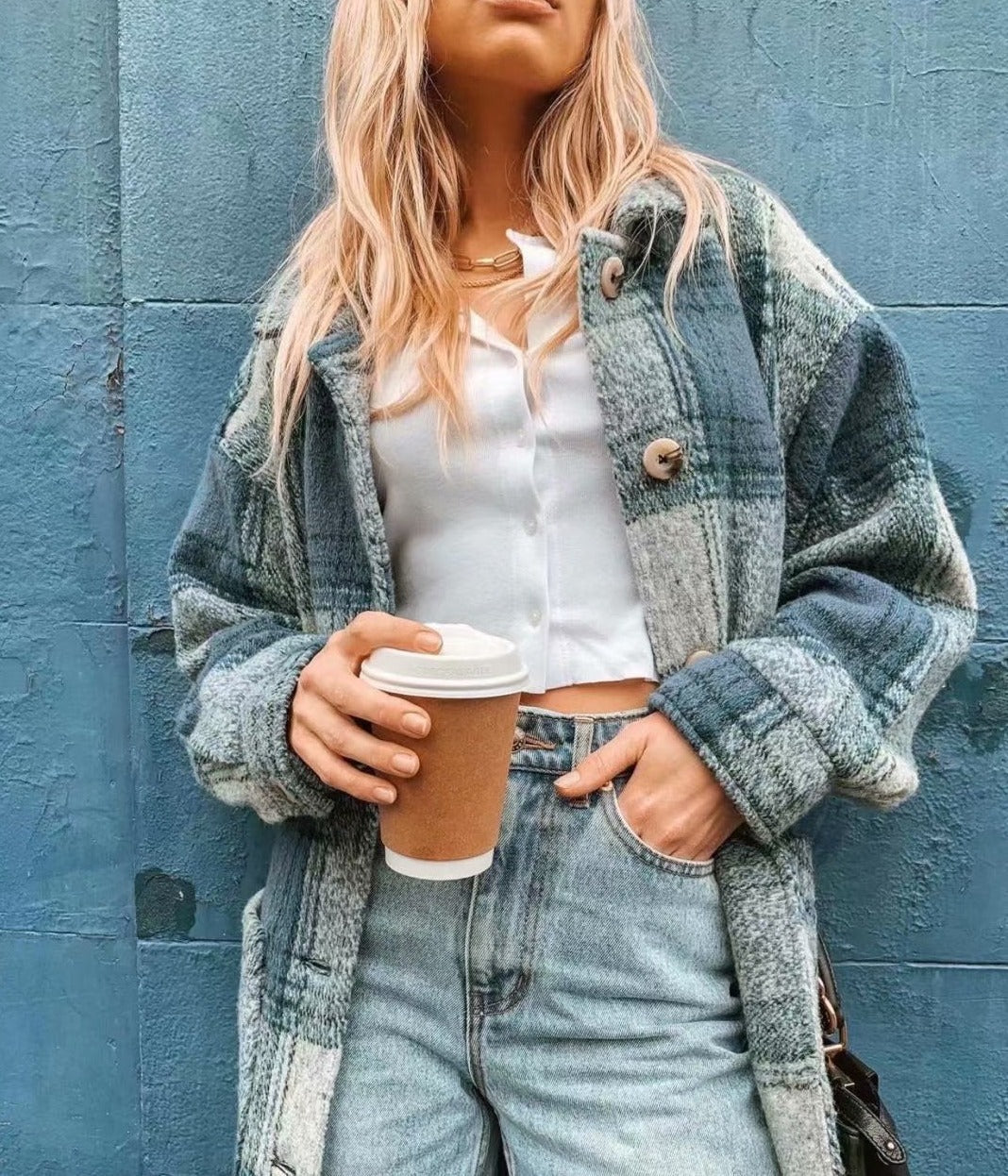 xakxx Vintage Chic Plaid Pockets Jackets Women Fashion Turn-Down Collar Buttons Autumn Winter Thick Coat Female Outerwear