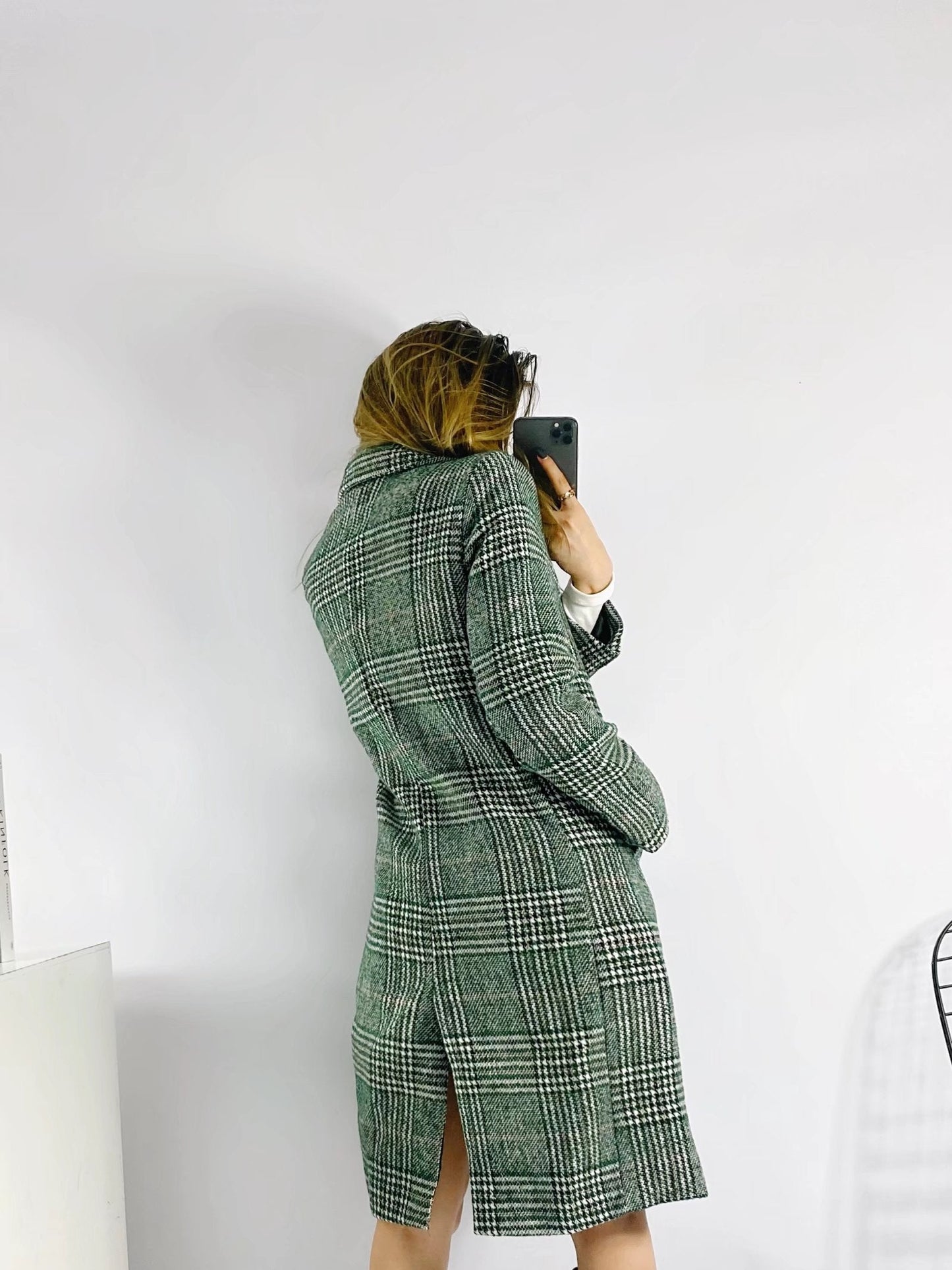 xakxx Women  Fashion Houndstooth Wool Coat Vintage Long Sleeve Autumn Long Double Breasted Jacket Female Outerwear Tops