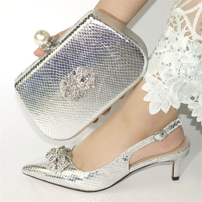 Mature Sandals Silver color Italian Shoes With Matching Bags African Women Shoes and Bags Set For Prom Party Summer Sandal