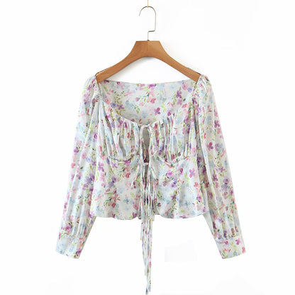 xakxx Palace Square Collar Women Tops And Blouses Sexy Summer Hollow Out Beach Boho Front Bandage Vintage Floral Print Shirt