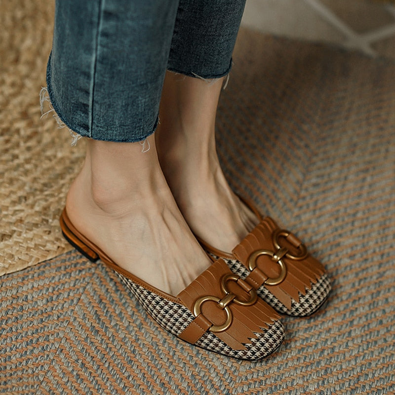 xakxx Fall Outfit Women's Slippers Retro Houndstooth Tassel Casual Shoes For Woman Summer Outdoor Ladies Slides Metal Buckle Low Heel Sandals